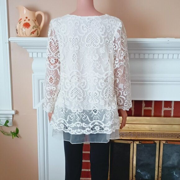 Women's White Lace Layered Blouse L Sheer Scalloped Edges Lined Tunic Top - Picture 8 of 11